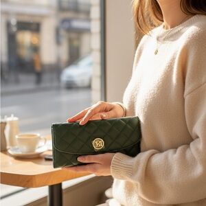 Elegant Green Badgley Mischka Quilted Faux leather long wallet